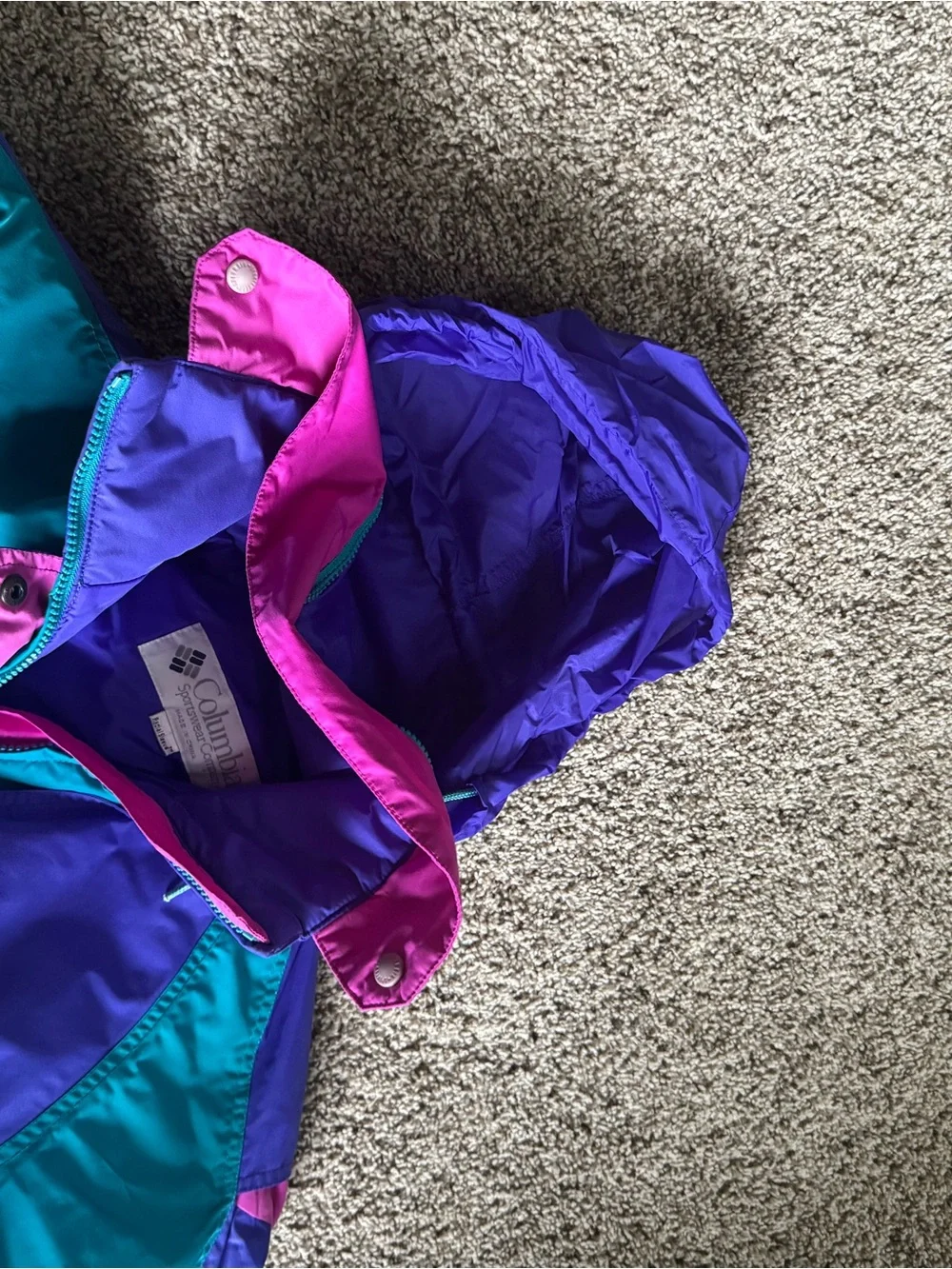 VINTAGE.  Columbia Teal Ski One-Piece Suit with Purple and Pink Accents